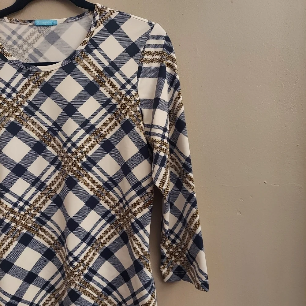 J MCLAUGHLIN Signature Catalina Cloth Blue And White Plaid 3/4 Length Sleeve Top - Picture 4 of 11
